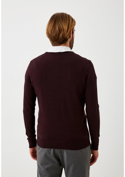 Erkek Triko Bordo Bisiklet Yaka Desenli Slim Fit Pamuklu Kazak Ncs 3725