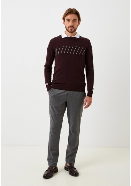 Erkek Triko Bordo Bisiklet Yaka Desenli Slim Fit Pamuklu Kazak Ncs 3725