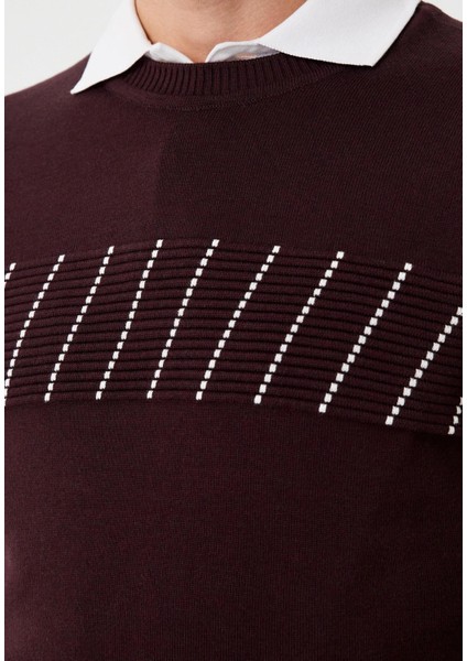 Erkek Triko Bordo Bisiklet Yaka Desenli Slim Fit Pamuklu Kazak Ncs 3725