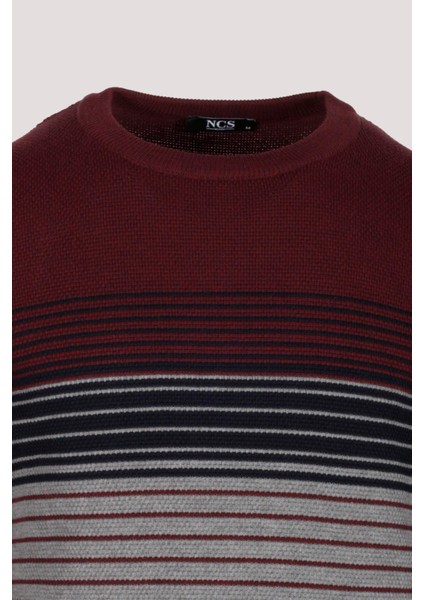 Erkek Triko Bordo Bisiklet Yaka Desenli Slim Fit Pamuklu Kazak Ncs 3735
