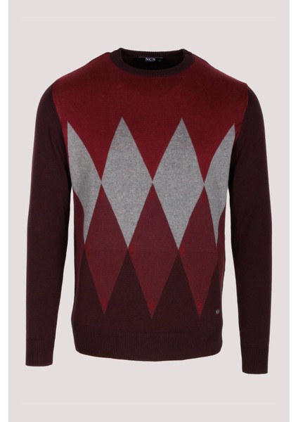 Erkek Triko Bordo Bisiklet Yaka Baklava Desenli Slim Fit Pamuklu Kazak Ncs 3727