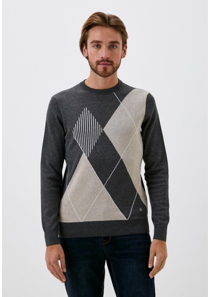 Erkek Triko Koyu Grimelanj Bisiklet Yaka Koyu Grimelanj Baklava Desenli Slim Fit Pamuklu Kazak Ncs 3728
