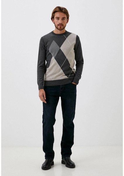 Erkek Triko Koyu Grimelanj Bisiklet Yaka Koyu Grimelanj Baklava Desenli Slim Fit Pamuklu Kazak Ncs 3728