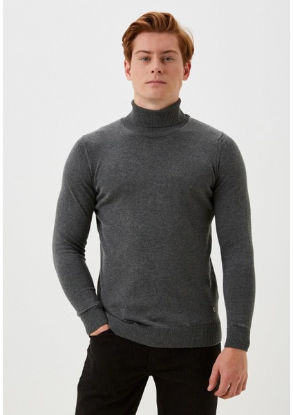 Erkek Tam Balıkçı Boğazlı Triko Koyu Grimelanj Slim Fit Pamuklu Sık Örme Kazak Ncs 3003