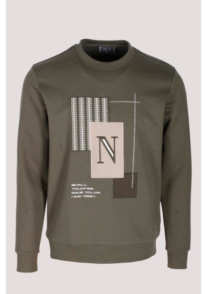 Erkek Sweatshirt Haki Relaxed Fit Double Face N Aplike Sargı Nakış Logo Detaylı Crewneck Ncs Jeans 1649