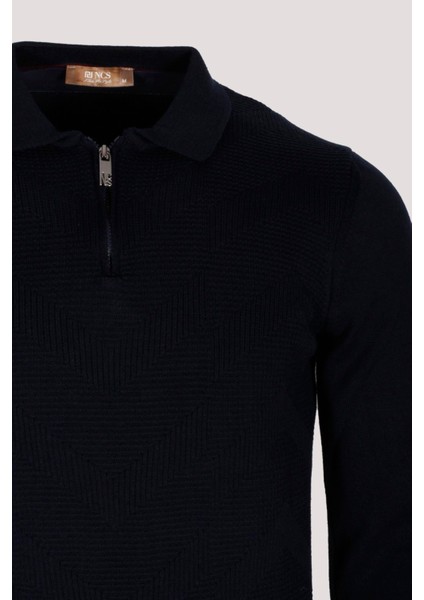 Erkek Polo Yaka Triko Lacivert Slim Fit Yarım Fermuarlı Balık Sırt Desenli Pamuklu Kazak Ncs 3006 modelleri