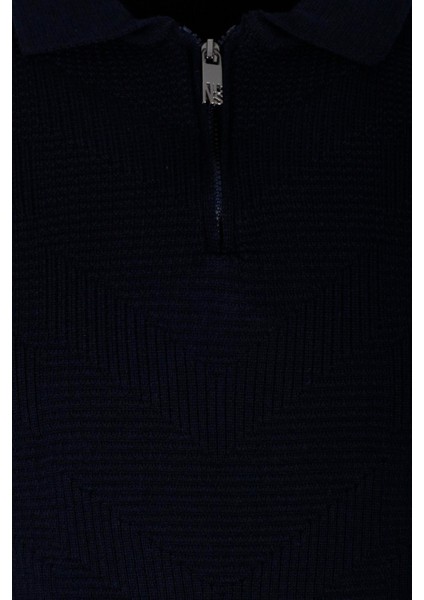Erkek Polo Yaka Triko Lacivert Slim Fit Yarım Fermuarlı Balık Sırt Desenli Pamuklu Kazak Ncs 3006 indirimleri