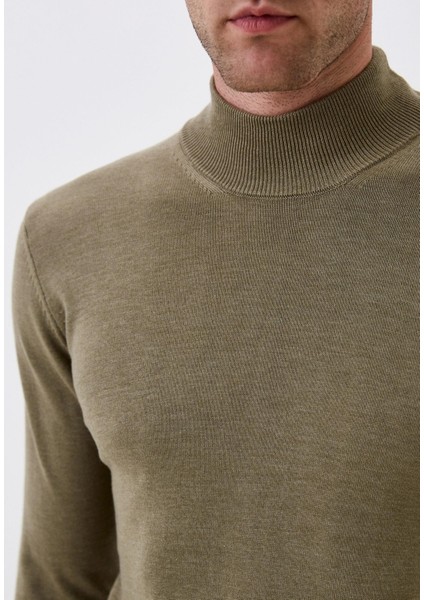 Erkek Yarım Balıkçı Boğazlı Triko Olive Slim Fit Pamuklu Sık Örme Kazak Ncs 3005