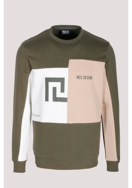 Erkek Sweatshirt Haki Monogram Desenli Logo Detaylı Relaxed Fit Crewneck Ncs Jeans 1625