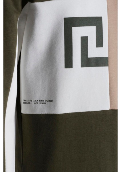 Erkek Sweatshirt Haki Monogram Desenli Logo Detaylı Relaxed Fit Crewneck Ncs Jeans 1625