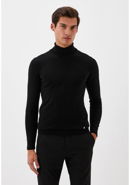 Erkek Tam Balıkçı Boğazlı Triko Siyah Slim Fit Pamuklu Sık Örme Kazak Ncs 3003