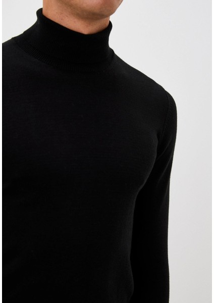 Erkek Tam Balıkçı Boğazlı Triko Siyah Slim Fit Pamuklu Sık Örme Kazak Ncs 3003