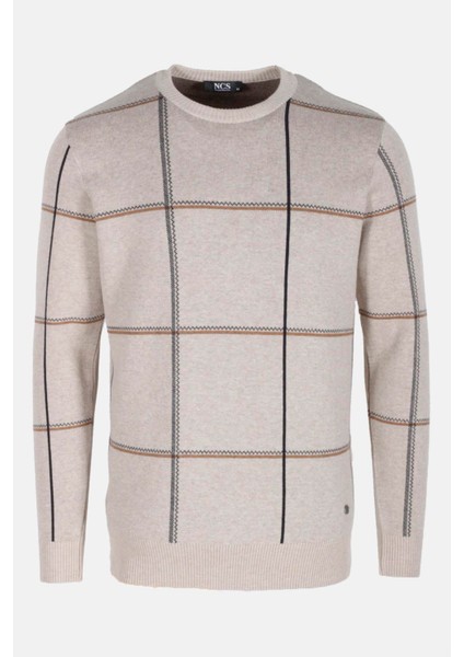 Erkek Triko Bej Bisiklet Yaka Desenli Slim Fit Pamuklu Kazak Ncs 3744