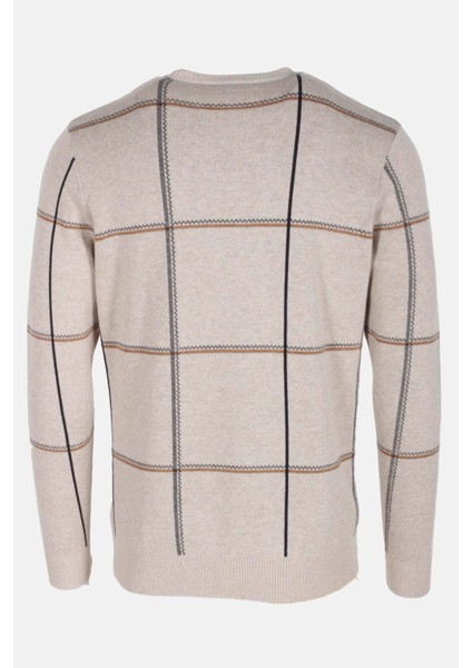 Erkek Triko Bej Bisiklet Yaka Desenli Slim Fit Pamuklu Kazak Ncs 3744