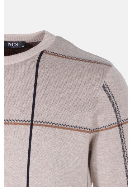 Erkek Triko Bej Bisiklet Yaka Desenli Slim Fit Pamuklu Kazak Ncs 3744