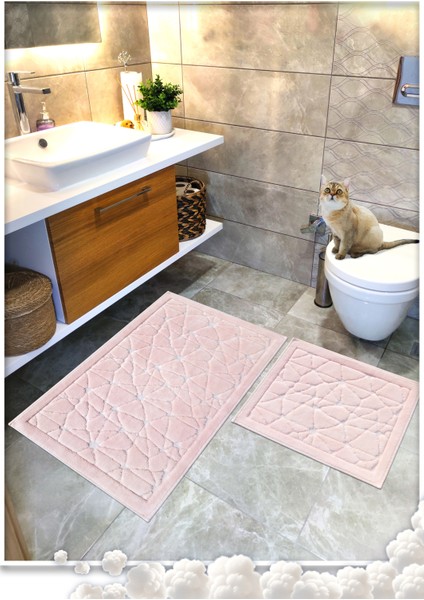 %100 Pamuk Dokuma Banyo Paspas Seti, Banyo Halısı-CAM- 60X100 cm - 60X50 cm