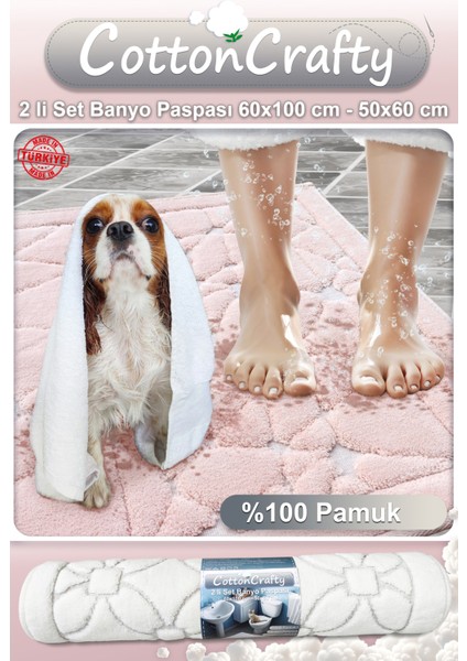 %100 Pamuk Dokuma Banyo Paspas Seti, Banyo Halısı-CAM- 60X100 cm - 60X50 cm