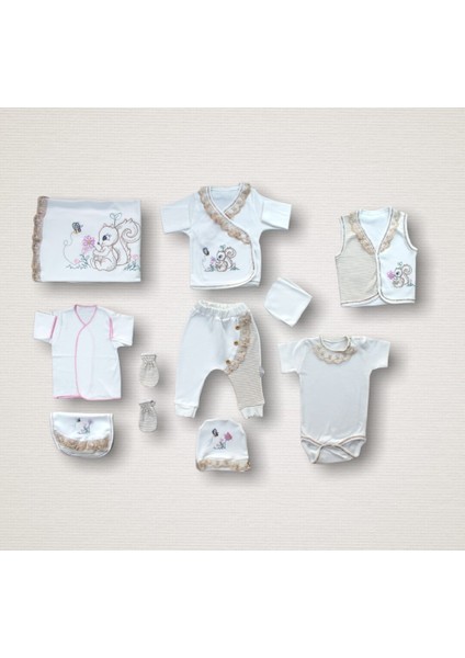 Minik Sincap Nakışlı Cotton Antibaakteriyel 10LU Zıbın Takımı Hastane Çıkışı