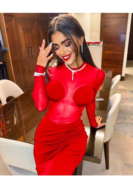 Kadın Full Likralı Sandy ve Likralı Tül Kumaş Transparan Midi Boy Elbise fiyatları