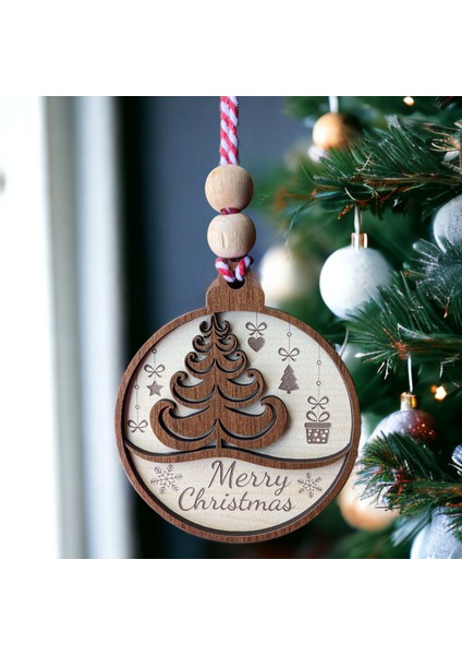 Merry Christmas Yazılı Iskandinav Tarzı Çam Ağacı Motifli Yılbaşı Ağaç Süsleri, Iskandinav Stili Çam Ağacı Desenli Yılbaşı Süsleri ve Merry Christmas Yazılı Ağaç Süsü