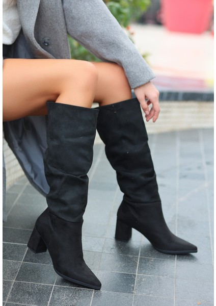 Topuklu Diz Altı Çizme Süet Siyah Topuk Boyu 6 cm