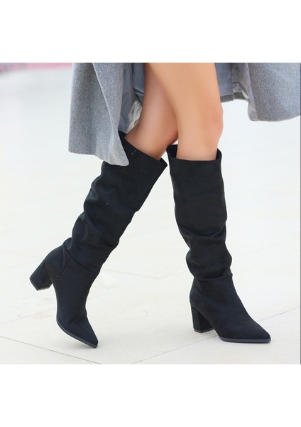Topuklu Diz Altı Çizme Süet Siyah Topuk Boyu 6 cm indirimleri