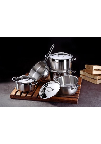 Anett 9 Parça Çelik Tencere Seti Çelik Kapaklı-Çelik Kulplu