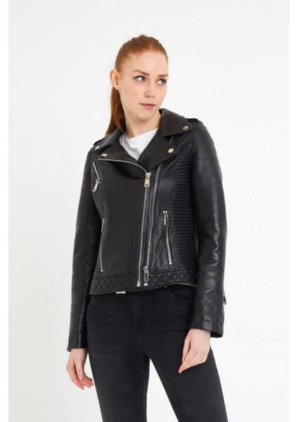 Çift Fermuarlı Kapitone Detaylı Kadın Biker Siyah Deri Ceket fiyatları