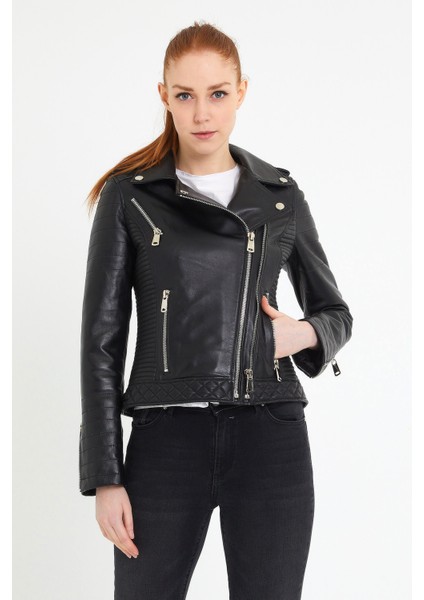 Çift Fermuarlı Kapitone Detaylı Kadın Biker Siyah Deri Ceket fırsatları