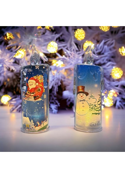 2ADET LED Işıklı Yılbaşı Mumları Noel Baba Mum Kardan Adam Mum Gün Işığı LED Işıklı Mum Noel Mumları