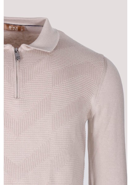 Erkek Polo Yaka Triko Bej Slim Fit Yarım Fermuarlı