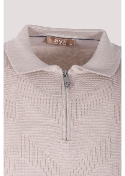 Erkek Polo Yaka Triko Bej Slim Fit Yarım Fermuarlı fırsatları