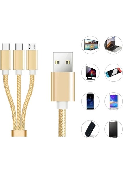 3 Ü Birarada Şarz Kablosu - Micro USB / iPhone / Type-C