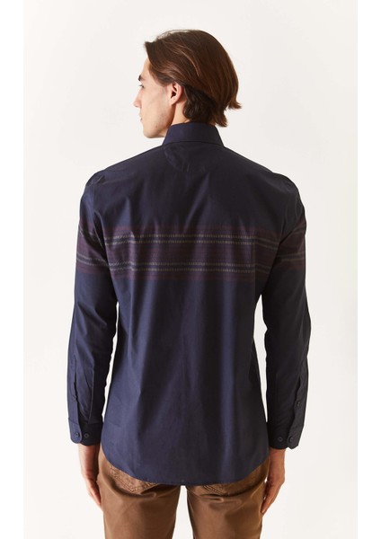 Slim Fit Düğmeli Yaka Lacivert Erkek Gömlek Akıfu modelleri