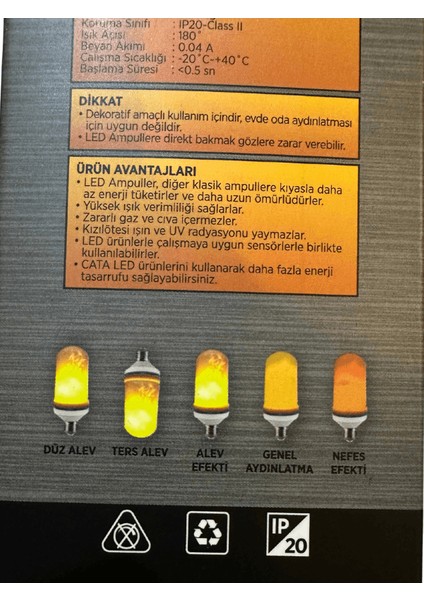 CT-4059 5W (Amber Işık) E27 Duylu LED Alev Ampul (2 Adet)