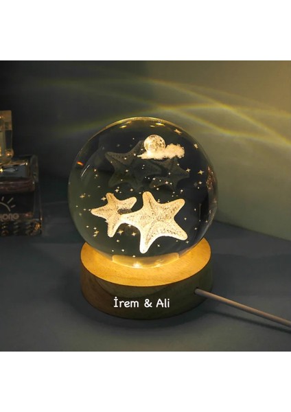 Kişiye Özel Işıklı Ahşap Kaideli Deniz Yıldızı Cam Küre 8 cm 6 cm