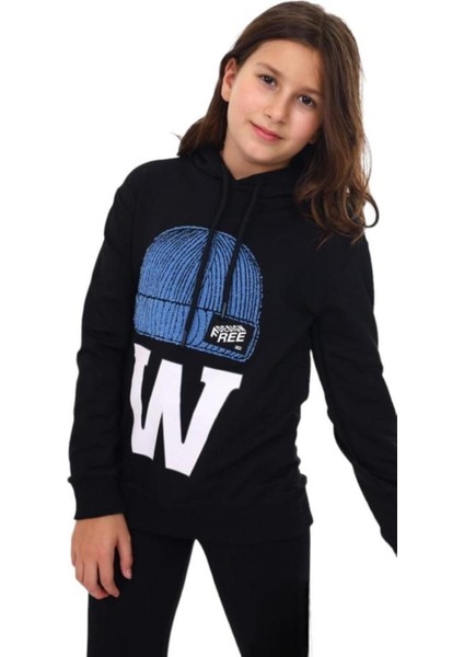 Çocuk Bere Baskılı ve Işlemeli Kapüşonlu Sweatshirt