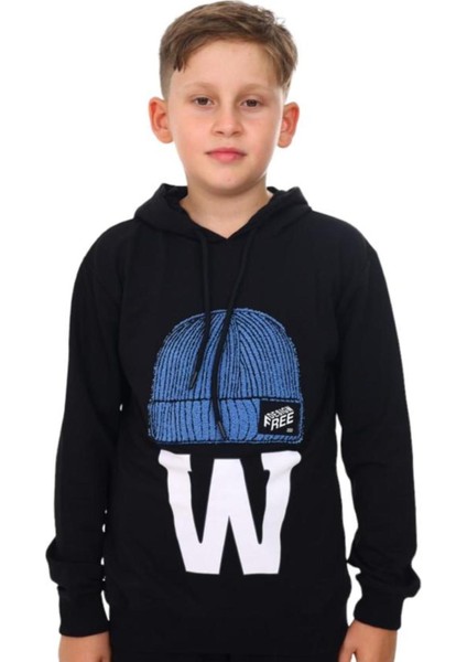 Çocuk Bere Baskılı ve Işlemeli Kapüşonlu Sweatshirt