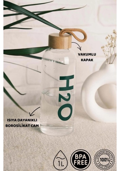 Homenıva H20 Bambu Kapaklı Cam Matara 1 Litre