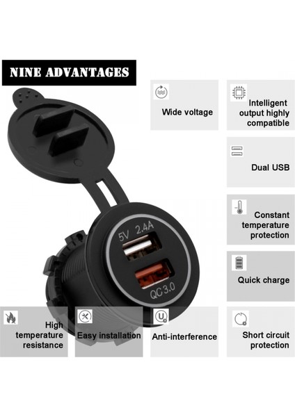 Niversal Araba Qc3.0 Çift Bağlantı Noktalı USB Şarj Aleti Güç Çıkışı Adaptörü 5V 2.4A IP66, 60CM Kablo ile (Yurt Dışından) modelleri