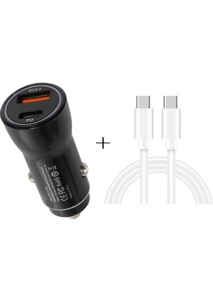 Pd 20W Usb-C / Type-C + Qc3.0 18W USB Hızlı Araç Şarj Cihazı, Usb-C / Type-C - Usb-C / Type-C Veri Kablosu Seti ile (Yurt Dışından)