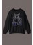 Mor Battaniye Üstünde Uzanan Sevimli Kedi Black Cat Baskılı Sweatshirt 1