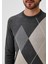 Erkek Triko Koyu Grimelanj Bisiklet Yaka Koyu Grimelanj Baklava Desenli Slim Fit Pamuklu Kazak Ncs 3728 4