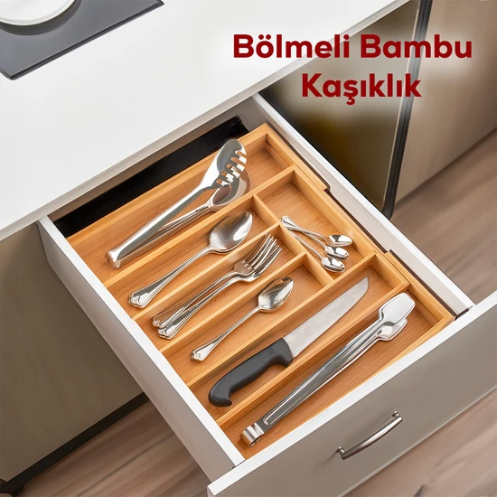 Porsima M9263-55 Ölçü Ayarlı 5-7 Bölmeli Bambu Açılır Kaşıklık - Çekmece Içi Tezgah Üstü Kaşıklık Organizer