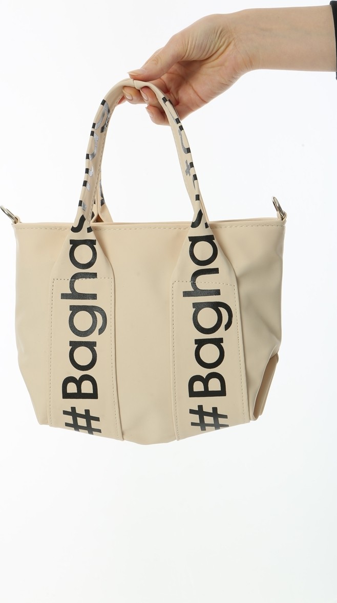 Baghashtag Krem Mini Su Geçirmez Kulp Yazılı Tote Çanta görsel 4