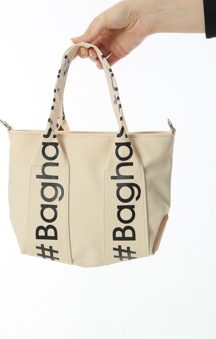 Baghashtag Krem Mini Su Geçirmez Kulp Yazılı Tote Çanta görsel 5