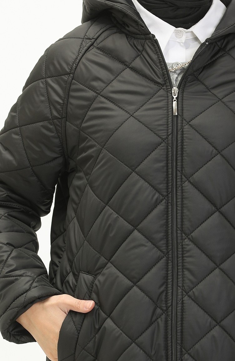 Butik Ayseba Kadın Siyah Cepli Büyük Beden Kapüşonlu Kapitone Kaban Ferace görsel 5
