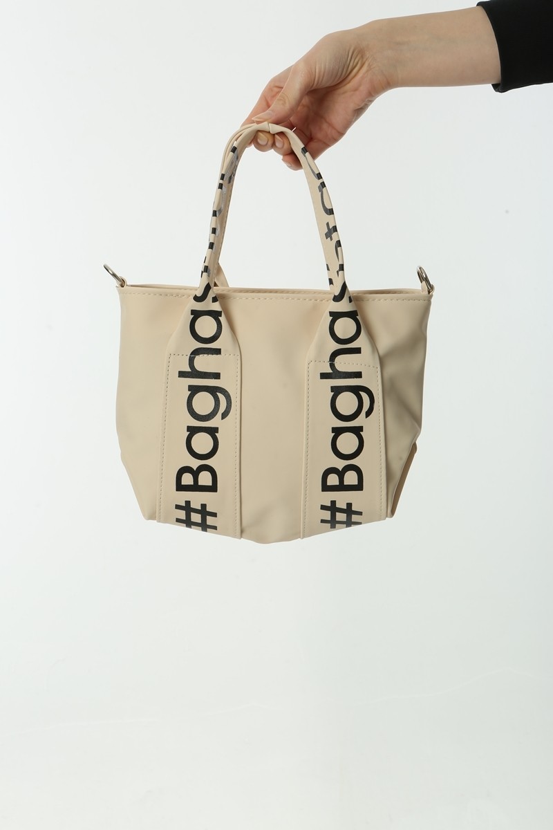 Baghashtag Krem Mini Su Geçirmez Kulp Yazılı Tote Çanta görsel 3