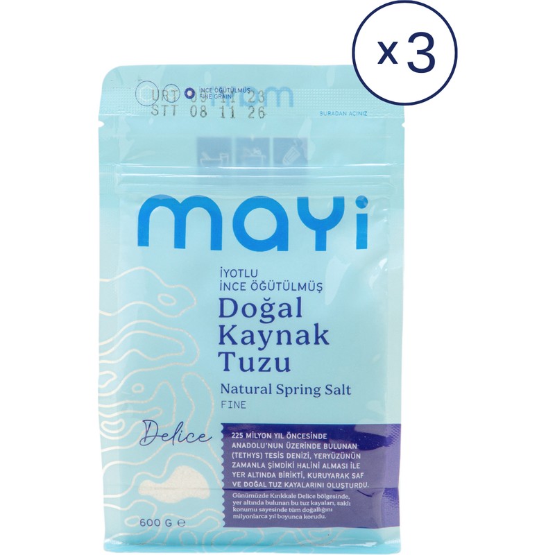 Mayi Tuz 3'lü 600 gr Doğal Kaynak İnce Öğütülmüş Tuz Paketi Türkiye Menşeli