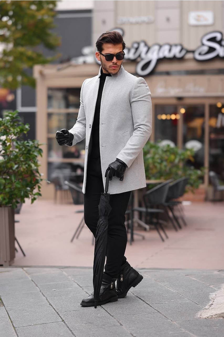 Hello7 Erkek Siyah slim Fit dar kesim Kaşe Kaban Yeni Sezon görsel 5